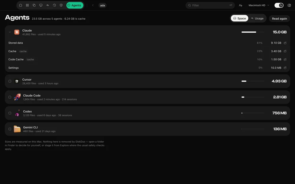 The Agents section listing coding assistants with the space each is using
