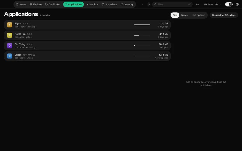 An app selected, showing its footprint and the files it left behind