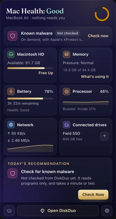 The DiskDuo menu bar drawer: Mac health, disk, memory, processor and battery, with a Scan button