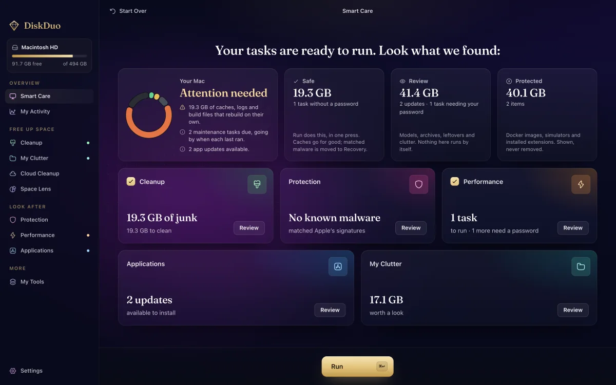 DiskDuo Smart Care after a scan: junk to clean, apps to update and the disk split by kind