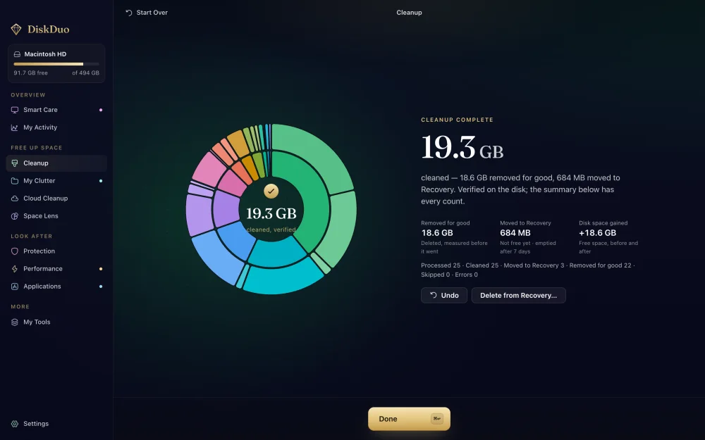 A finished cleanup: removed for good, moved to Recovery, and the disk space gained, measured