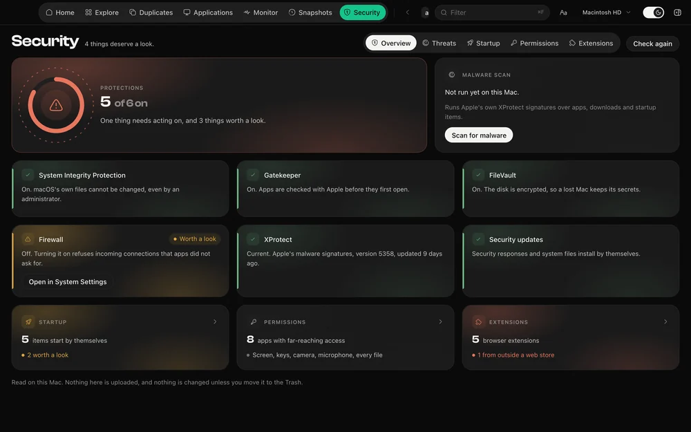 The security overview with the protections score and check cards