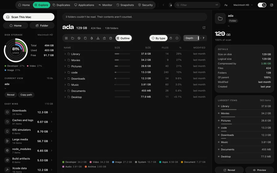 The Outline view in DiskDuo