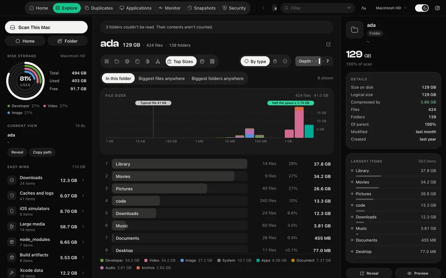 The Top Sizes view in DiskDuo